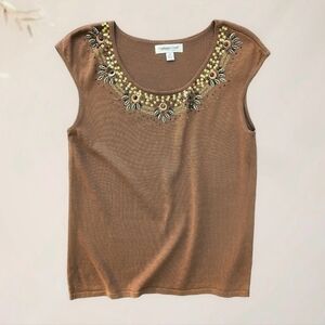 Coldwater Creek Brown Silk Blend Embellished Sleevless Knit Top - Women's MEDIUM